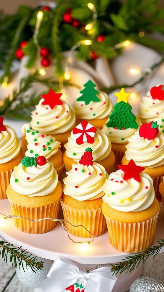 A variety of Christmas cupcakes with colorful frosting and festive decorations on a platter, surrounded by holiday decor.